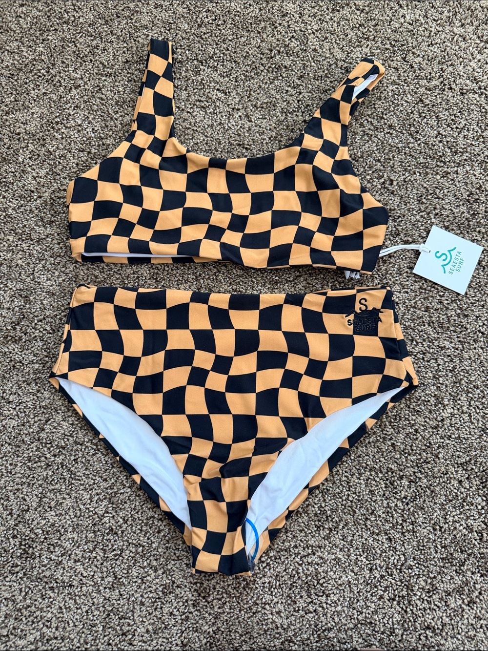 Girls' Checkerboard Two-Piece Bikini in Orange & Black - S Swim